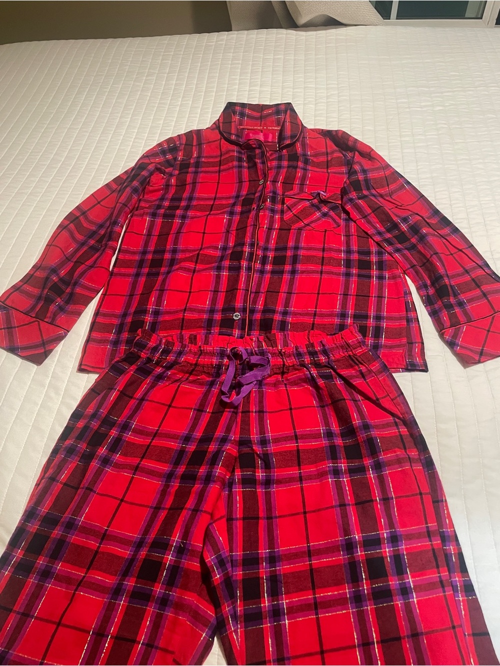Victoria's Secret Red and Black Plaid Pajama Set with Purple Accents